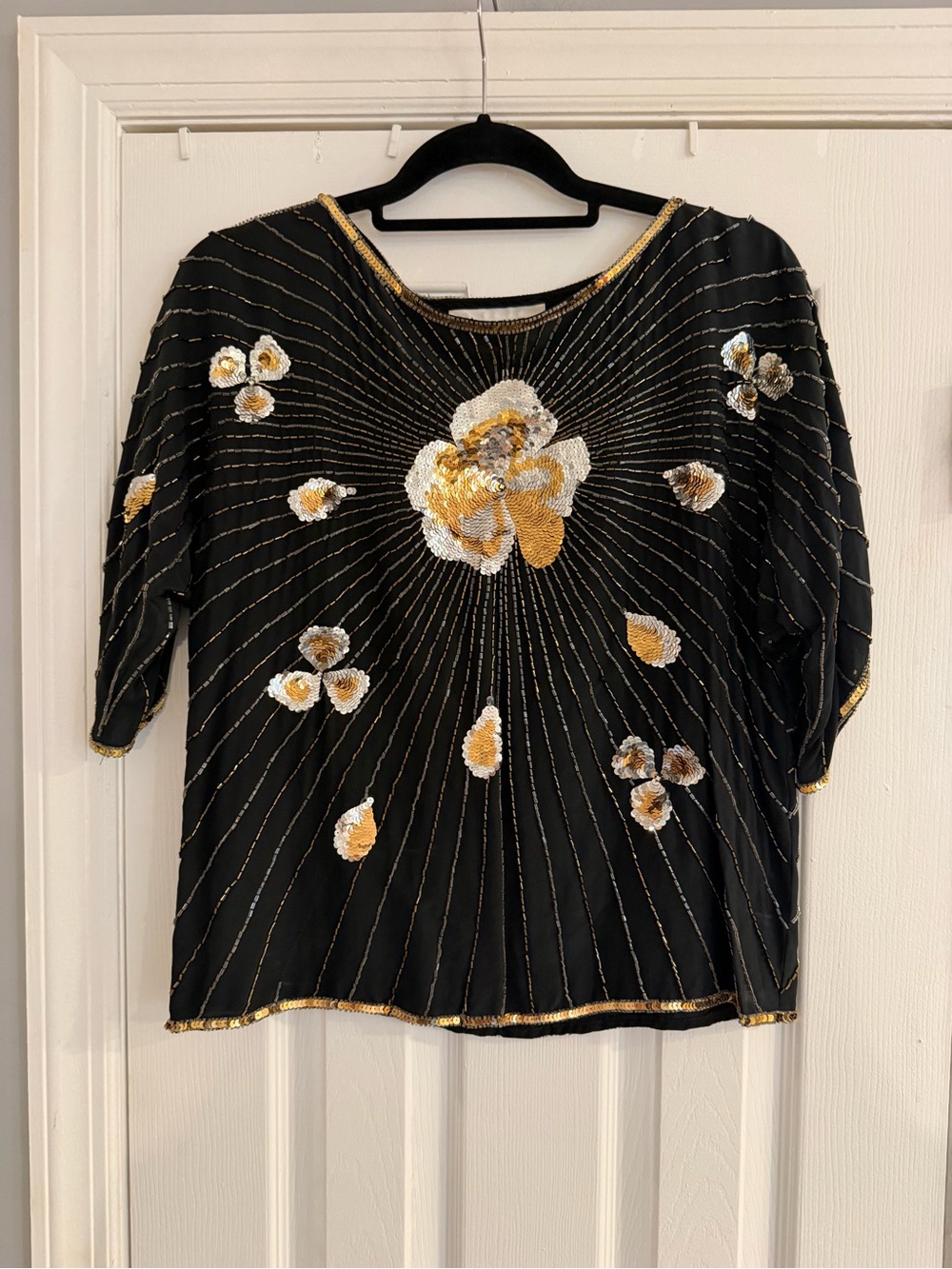 Vintage 80s Argenti Beaded Sequin Top M Black Gold Silver Floral Evening Blouse